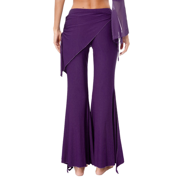 Womens Split Flared Belly Dance Pants Halloween Carnival Costume Solid Color Pants Lace-Up Skirted Pants