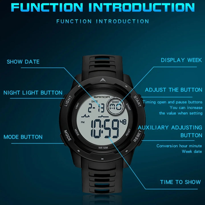 Men's Digital Watch Sports Watches Tactical Military Stopwatch Alarm 12/24H Outdoor Mens Wristwatch for Running