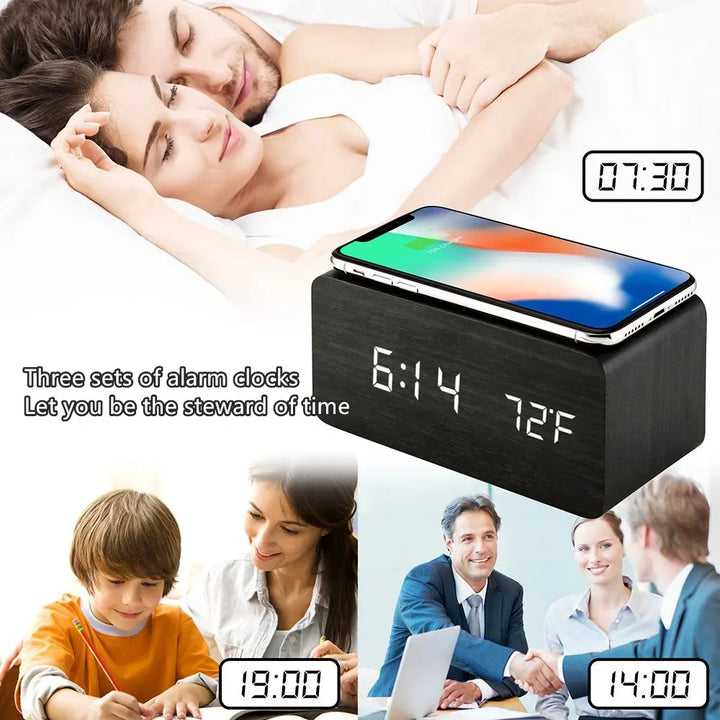 Alarm Clock LED Digital Wooden USB/AAA Powered Table Watch with Temperature Humidity Wireless Charging Electronic Desk Clocks