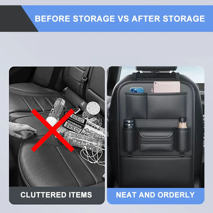 SEAMETAL All in one Car Seat Back Storage Bag Upgraded 6-Pocket Car Organizer with Hook Tissue Holder Anti Kick Pad Cup Holder