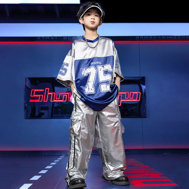 Fancy Suits For Girls Short Sleeve Gray Children'S Shirt Shiny Leather   Hip Hop Clothes Cool Style Boys' Clothing