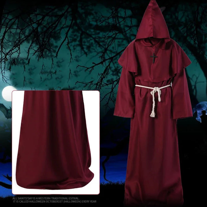 New Wizard Costume Halloween Cosplay Costume Medieval Hooded Robe Monk Friar Robe Priest Costume Ancient Clothing Christian Suit