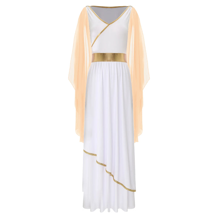 Womens Ancient Greek Toga Goddesses Costumes Party Halloween V Neck Sleeveless Gold Trims Toga Greece Roman Queen Cosplay Dress