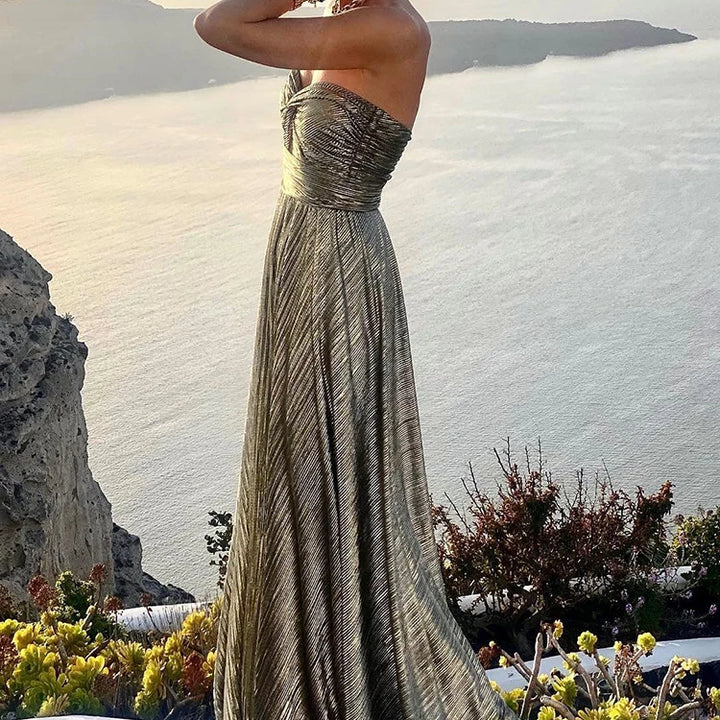 2022 Sexy Strapless Hollow Out Long Dress Women Boho Elegant Bronzing Evening Dress Fashion Sleeveless A-Line Party Dress