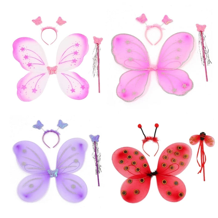 4Pcs/Set Kid Fairy Costume Set Ladybird Bee Glitter Cute Wing Striped Layered Tutu Skirt Wand Headband Dress Up Halloween Outfit