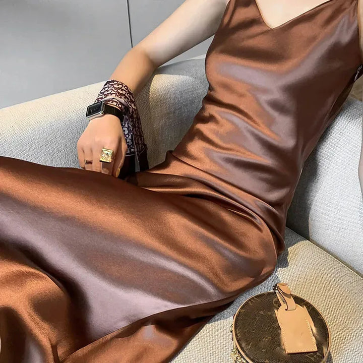 2022 Elegant Women Dress Summer Sexy V-Neck Korean Satin Party Long Spaghetti Strap Dresses Casual Sundress Vestido Mujer