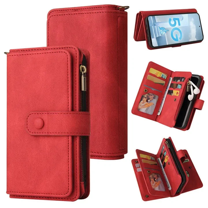 Multi 15-Card Flip Wallet Case For OPPO Realme 12 Pro Plus 11 11X 10 9 9i 8 Zipper Leather Lanyard Wrist Strap Cover Realme12