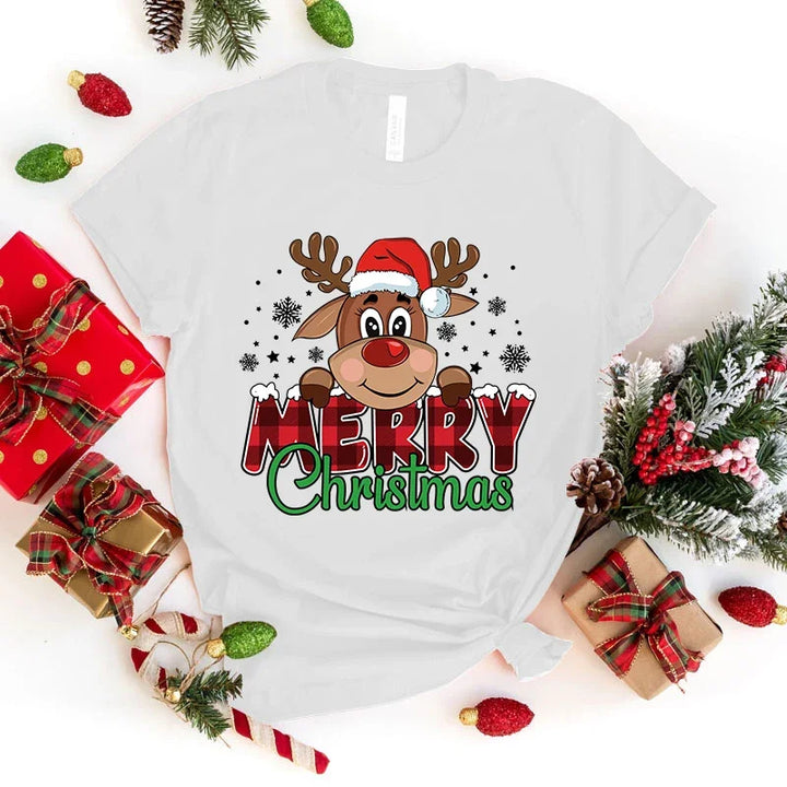 (Premium T-shirt)Cute Merry Christmas Print T-Shirts For Women Summer Lovely Short Sleeve Casual Round Neck T-Shirts Ladies tops