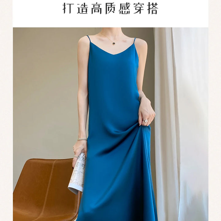 Summer Halter Dress Female Silk Silk Silk High Grade Satin Solid Color Long A-Line Skirt Waist Show Thin Cover Meat RW D13