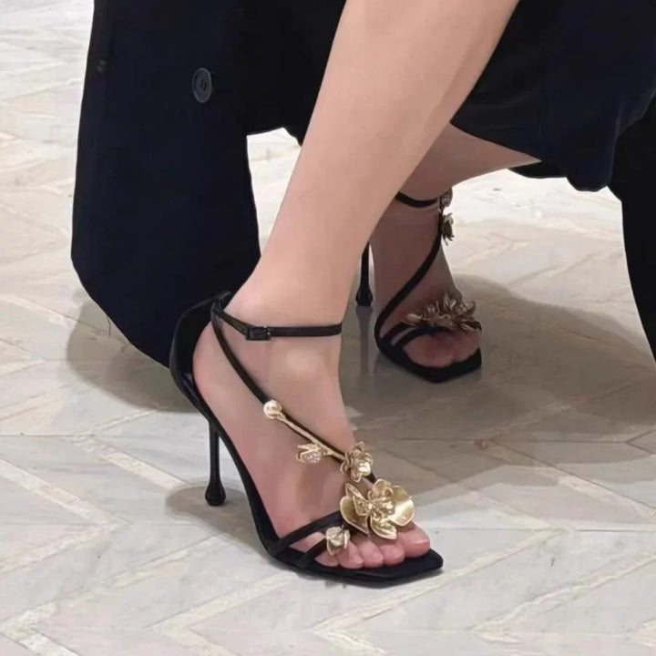 Golden Flowers Women Silk High Heels Luxury Designer Sandal Metallic Flower Square Toe Pointed Fine Heel Party Dress Shoes Pumps