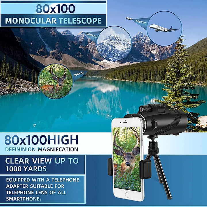 APEXEL 80X100 HD Monocular Telescope for iphone Zoom Phone Telescope with Tripod Clip for Outdoor Hunting Camping Bird Watching