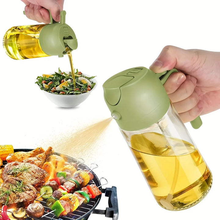 2-in-1 Glass Oil Bottle Sprayer Pot Leak-proof Oil Storage Bottle Vinegar Dispenser with Automatic Lid For Kitchen Cooking BBQ