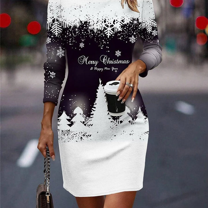 Round Neck Long-Sleeved Women's Party Dress Christmas Tree Snowflake Print A-Line Dress Winter Fashion Casual Loose Mini Dresses