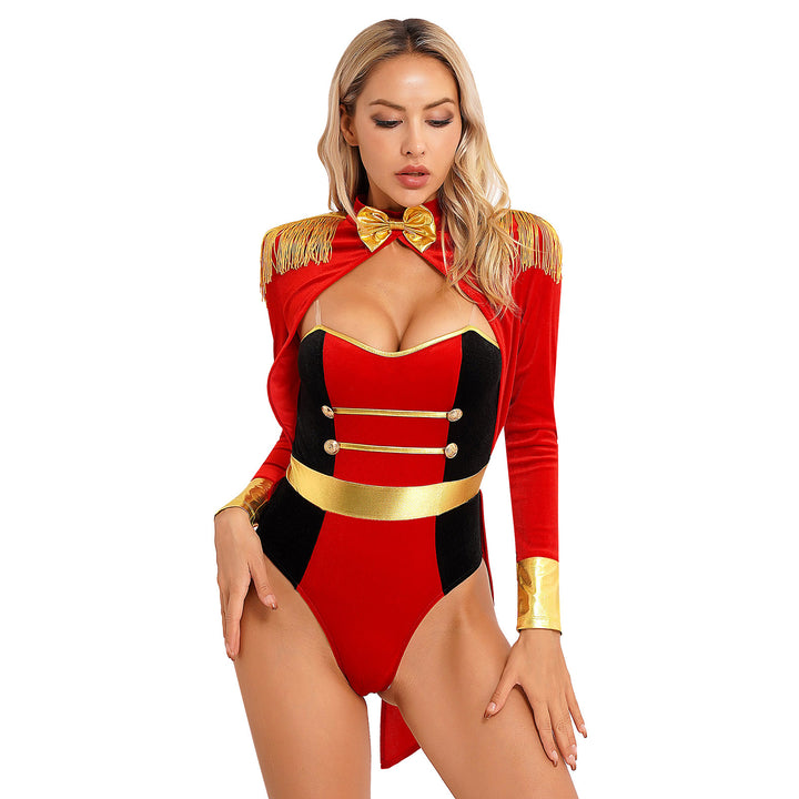 Womens Circus Ringmaster Costume Jumpsuit Halloween Carnival Party Long Sleeve Tailcoat Velvet Fringed Sexy Cosplay Bodysuit