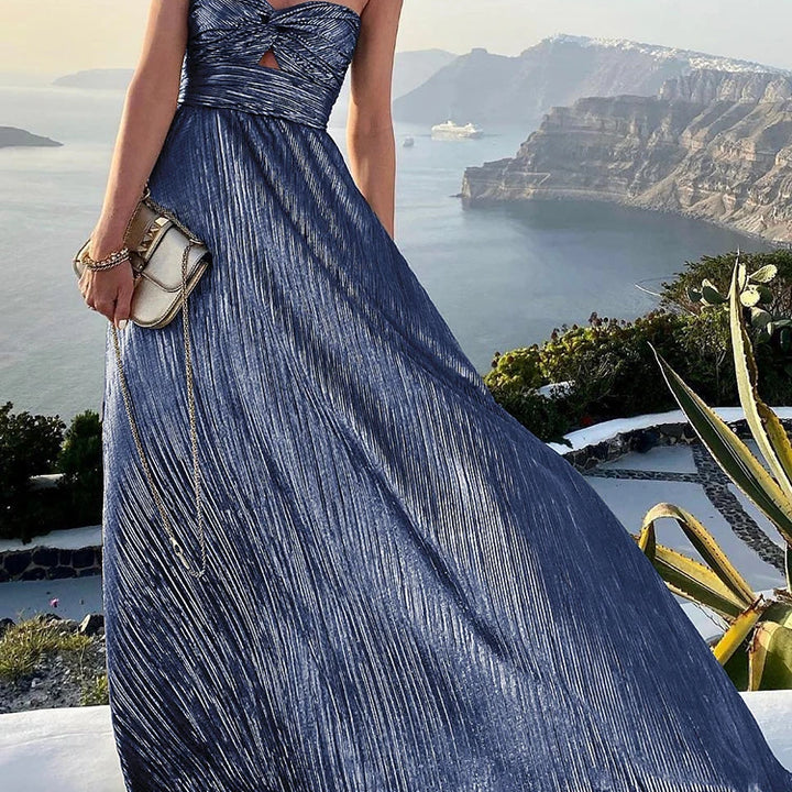 2022 Sexy Strapless Hollow Out Long Dress Women Boho Elegant Bronzing Evening Dress Fashion Sleeveless A-Line Party Dress