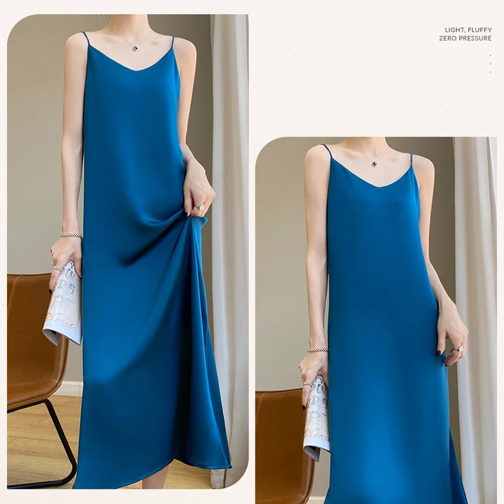 Summer Halter Dress Female Silk Silk Silk High Grade Satin Solid Color Long A-Line Skirt Waist Show Thin Cover Meat RW D13