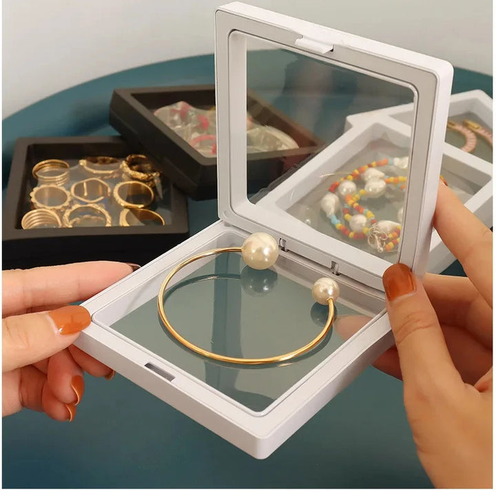 10Pcs PE Film Jewelry Storage Box 3D Packaging Case Free Stand Floating Frame Membrane Ring Earrings Necklace Display Holder