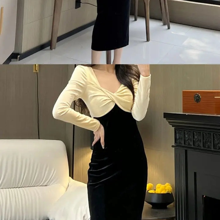 Temperament Deep V Neck Midi Dress Spring Autumn New Long Sleeve Contrast Slim Ladies Dresses Elegant Fashion Women Clothing