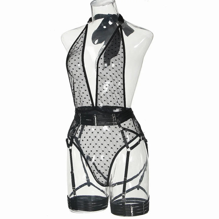 New Fashion polka dot mesh deep V strap neck onesie sexy back five-piece set porno costume sexy women open sexy costume bodysuit