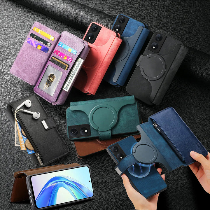 Zipper Flip magnetic suction detachable Back Cover For Honor X7b Card slot wallet shockproof Phone Case For Honor X7b 6.8 inch