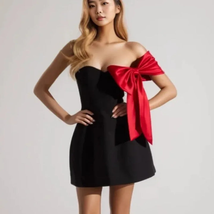 Sexy Backless Sleeveless Bow Strapless Dresses for Summer Women's Dress New Bow Slash Neck Skinny High Waist Mini Dress Woman