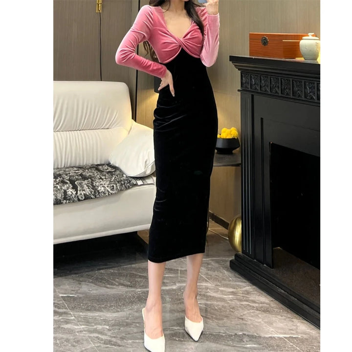 Temperament Deep V Neck Midi Dress Spring Autumn New Long Sleeve Contrast Slim Ladies Dresses Elegant Fashion Women Clothing