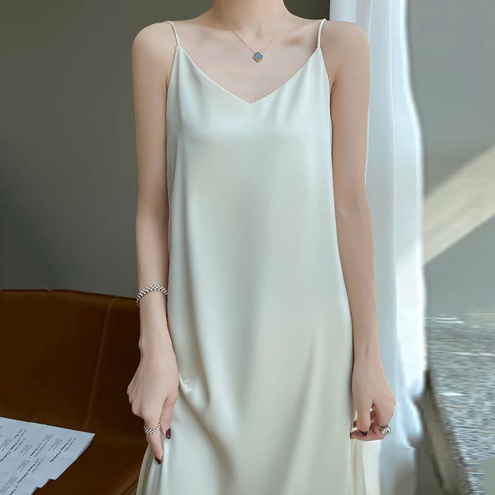 Silk High-Grade Dress New Spring/Summer Sleeveless V-Neck Dress Vest Slip Skirt Silk White With High-Grade Temperament RW D13