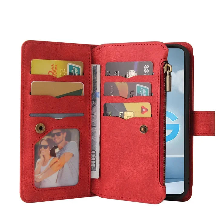 Multi 15-Card Flip Wallet Case For OPPO Realme 12 Pro Plus 11 11X 10 9 9i 8 Zipper Leather Lanyard Wrist Strap Cover Realme12