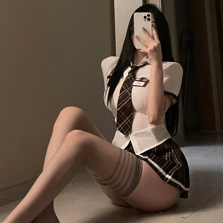 Women Sexy Lingerie Apron Maid Dress Cosplay Japanese Lolita Uniform Mini Skirt Tight Blouse Set Sex College Girl Cosplay Anime