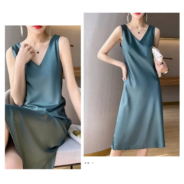 Spring/Summer Satin Dress V-neck, sleeveless, suit with a high-waisted maxi skirt