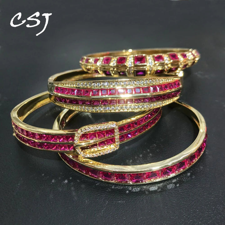 CSJ Ruby Bangle Created Red Corundum Bracelet Yellow Gold for Women Lady Party Birthday Trendy Jewelry Gift