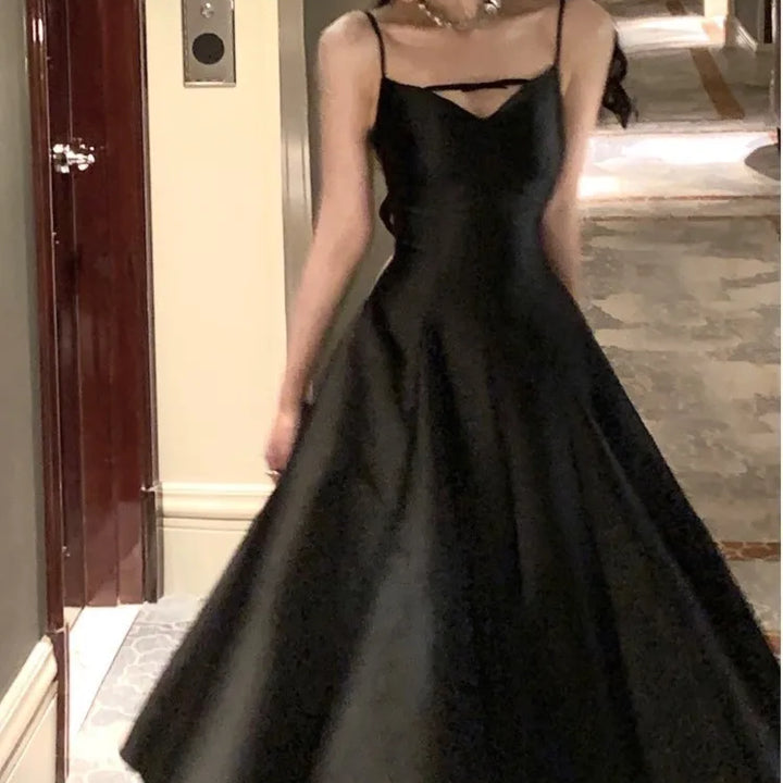 Elegant Solid Princess Evening Party Dress French Romantic Black Big Hem Graduation Dresses Korean Summer Strap Wedding Vestidos