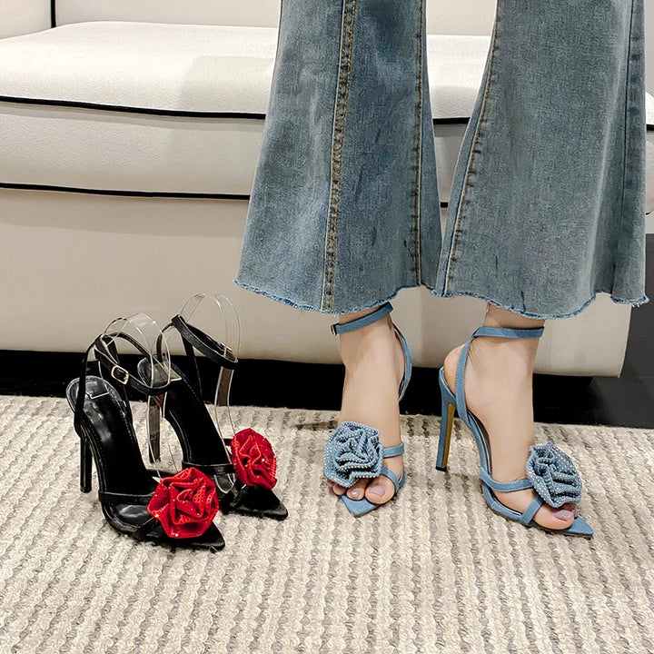 Aneikeh 2025 Fashion Denim Buckle Strap High Heels Women's Sexy Pointed Open Toe Crystal Flower Slim Heel Sandals Party Dress