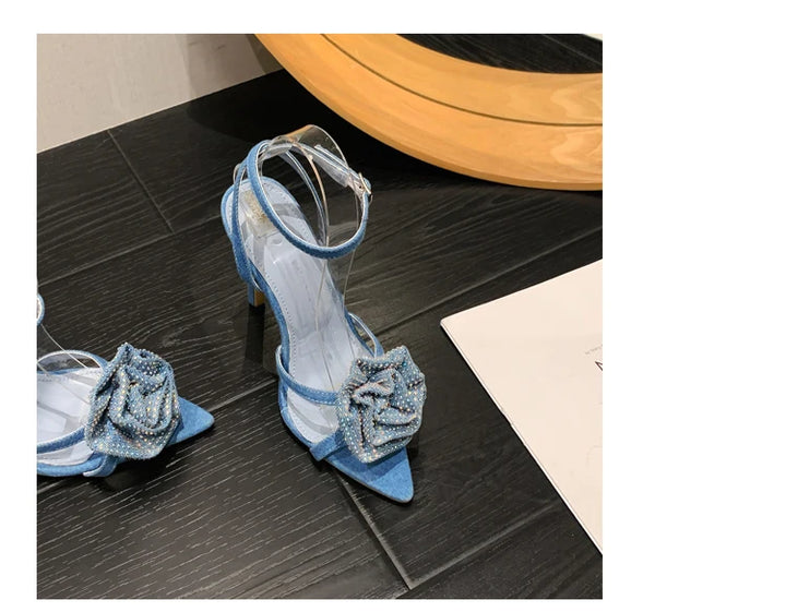 Aneikeh 2025 Fashion Denim Buckle Strap High Heels Women's Sexy Pointed Open Toe Crystal Flower Slim Heel Sandals Party Dress