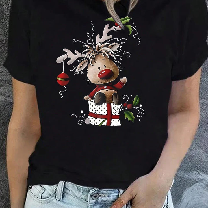 Women's Christmas Reindeer Print T Shirt Casual O-neck Short Sleeve T-Shirt Cute T-shirt Black Suitable All Seasons Tshirt Tops