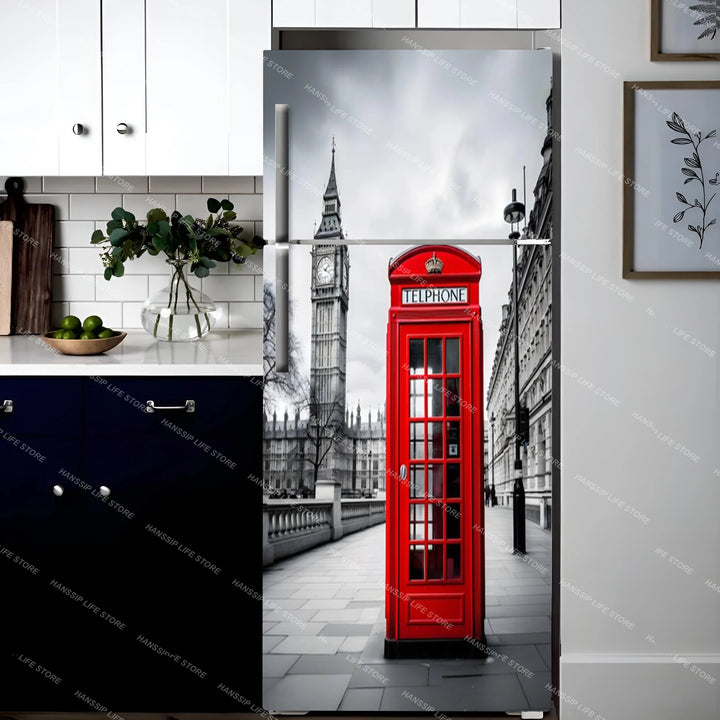 INS Red Umbrella Big Ben Fridge Door Wrap Mural Waterproof PVC Refrigerator Door Art Poster Wallpaper Removable Fridge Decal