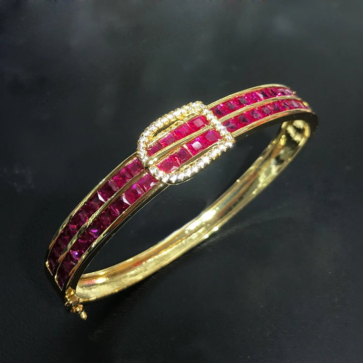 CSJ Ruby Bangle Created Red Corundum Bracelet Yellow Gold for Women Lady Party Birthday Trendy Jewelry Gift