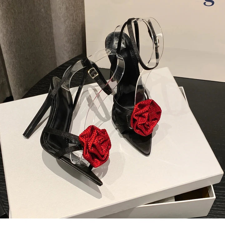 Aneikeh 2025 Fashion Denim Buckle Strap High Heels Women's Sexy Pointed Open Toe Crystal Flower Slim Heel Sandals Party Dress