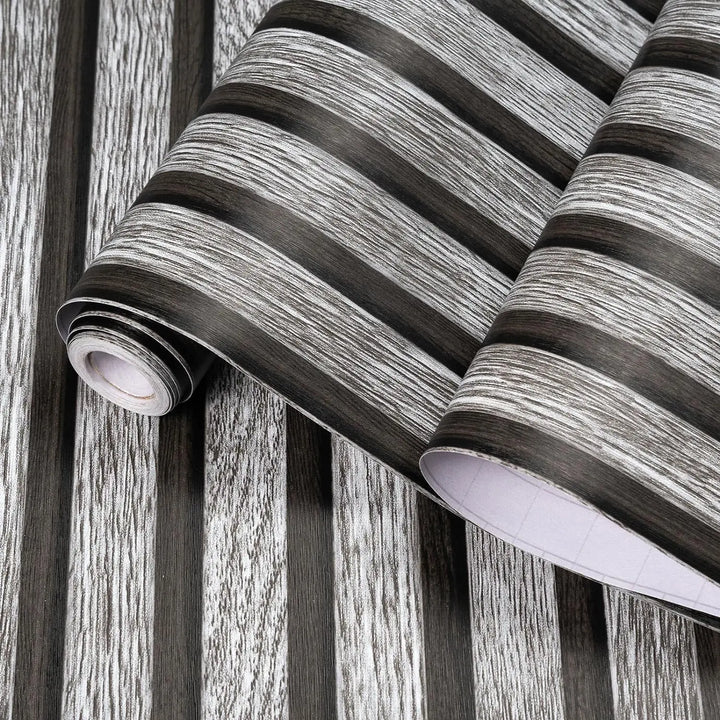 45cm Width Grey Wooden Slat Self Adhesive Waterproof Wallpaper Wood Stripe Grain Removable Contact Paper for Bedroom Cabinets