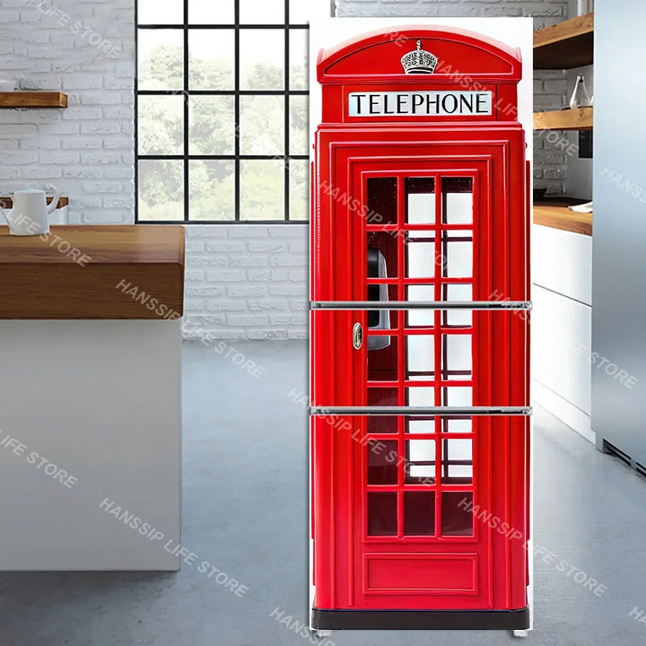 INS Style Telephone Booth Design Fridge Stickers Full Cover Vinyl Cartoon Popcorn Machine Display Refrigerator Sheet Art Poster