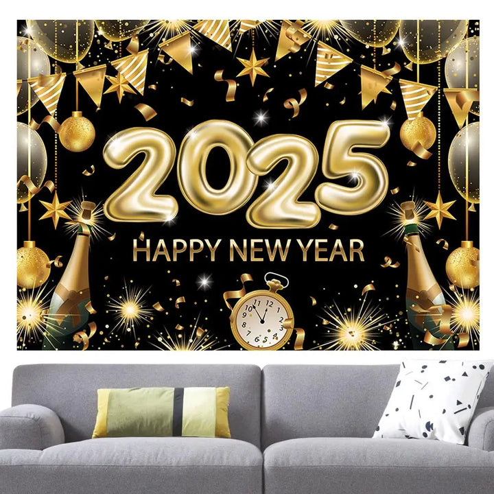 Happy New Year Banner 2025 6.88 X 4.92ft Black Gold New Years Eve Banner Happy New Year Decorations Holiday Wall Display For New