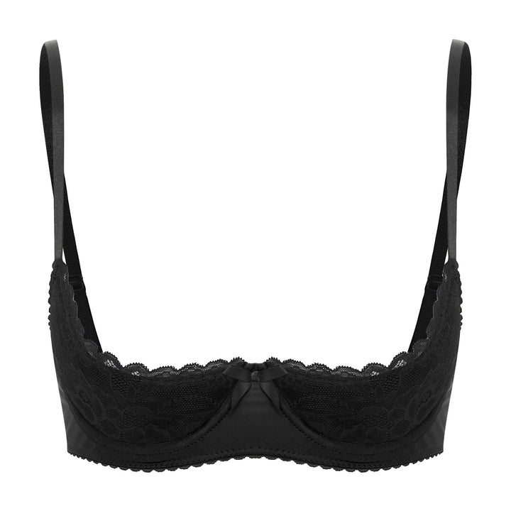 Womens Sexy Contrast Lingerie Half Cup Lace Push Up Balconette Bra Tops Adjustable Spaghetti Straps Underwire Bralette Underwear