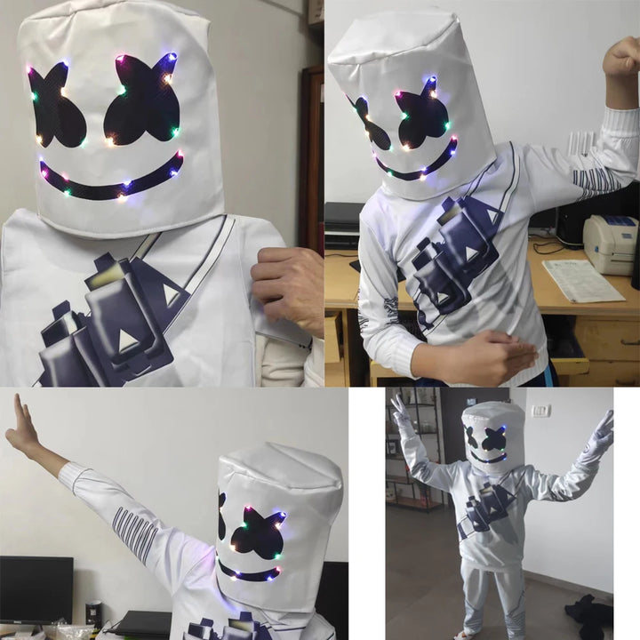 LED Marshmallow Boys Girls  Mask For Dance Clown Cosplay Clothes Halloween Christmas Costume Party Game Fortnites Costumes Suit