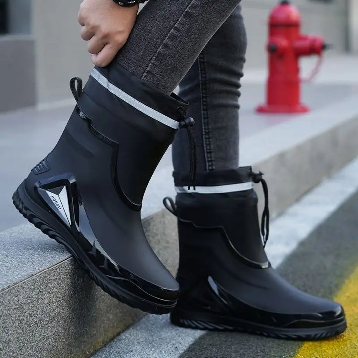 New ，Rain Boots Men's Waterproof Drawstring Rain ，Shoes Velvet Padded Suit， Warm Non-Slip Flat Fashion Take-out Rider Rain Boots