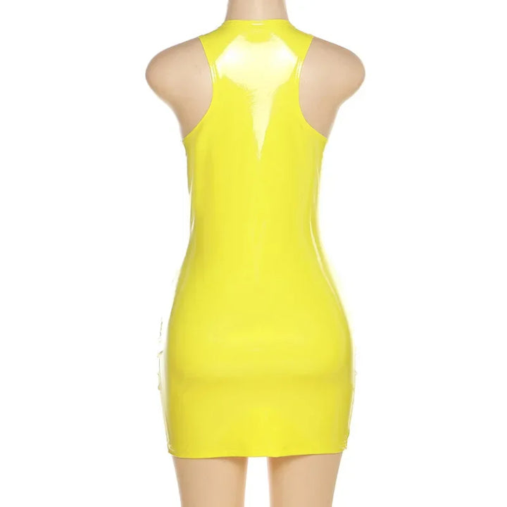 Sexy Womens Bodycon Yellow Mini Dresses Sleeveless Patent Leather Latex Tank Dresses Rave Party Night Club Costume