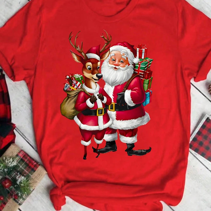 2025 New Women's Santa Claus Print T-shirt Round Neck Short Sleeved Christmas T-shirt Oversized Unisex Casual Women's T-shirt