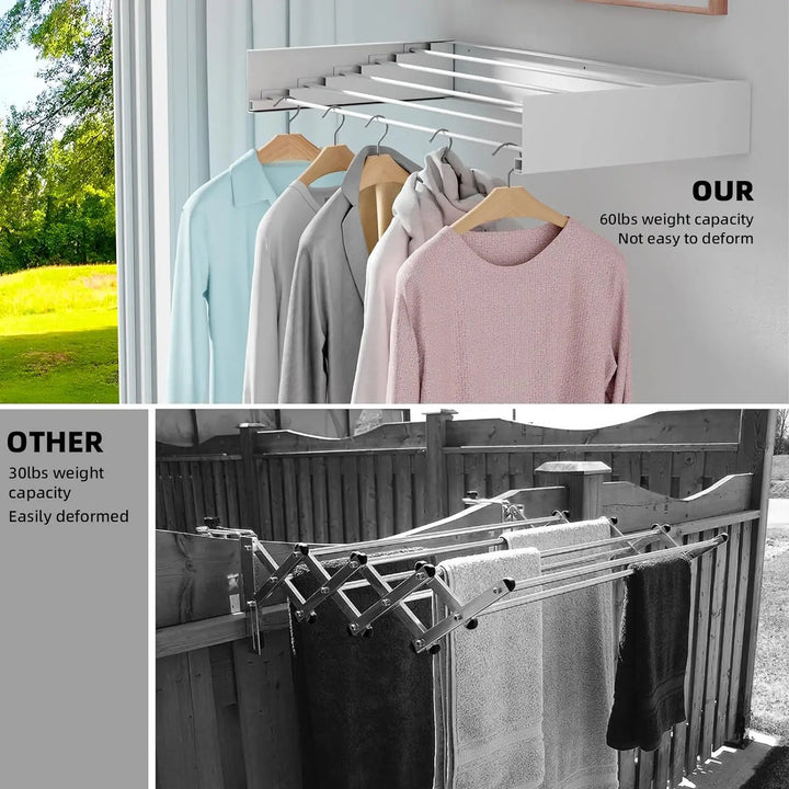 Collapsible Laundry Drying Rack Wall Mounted Clothes Drying Rack 5 Aluminum Rods Space Saving Laundry Racks for Drying Clothes