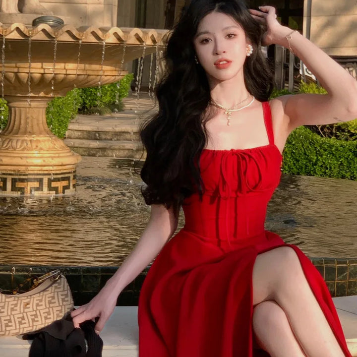 French Elegant White Strap Midi Dress 2023 Summer New Casual Evening Party Dress Women Beach Sleeveless Lace-up Red Dress Korean