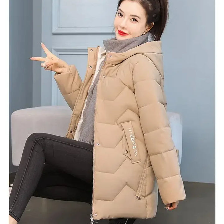 Winter Fashion Women Mid Length Down Cotton Jacket Korean Loose Thick Warm Padded Coat Female Hooded Parkas Outerwear Winter