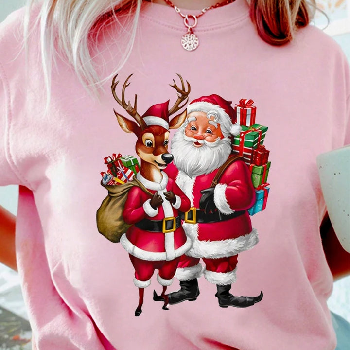 2025 New Women's Santa Claus Print T-shirt Round Neck Short Sleeved Christmas T-shirt Oversized Unisex Casual Women's T-shirt